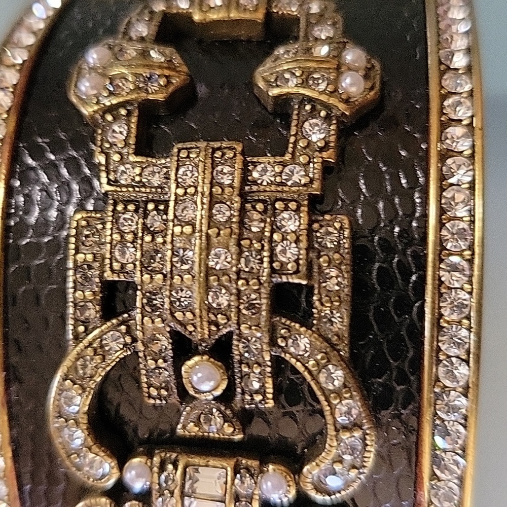 Heidi Daus Black Leather Jeweled Double Hinged Cuff Bracelet Swarovski Crystals - Picture 3 of 8